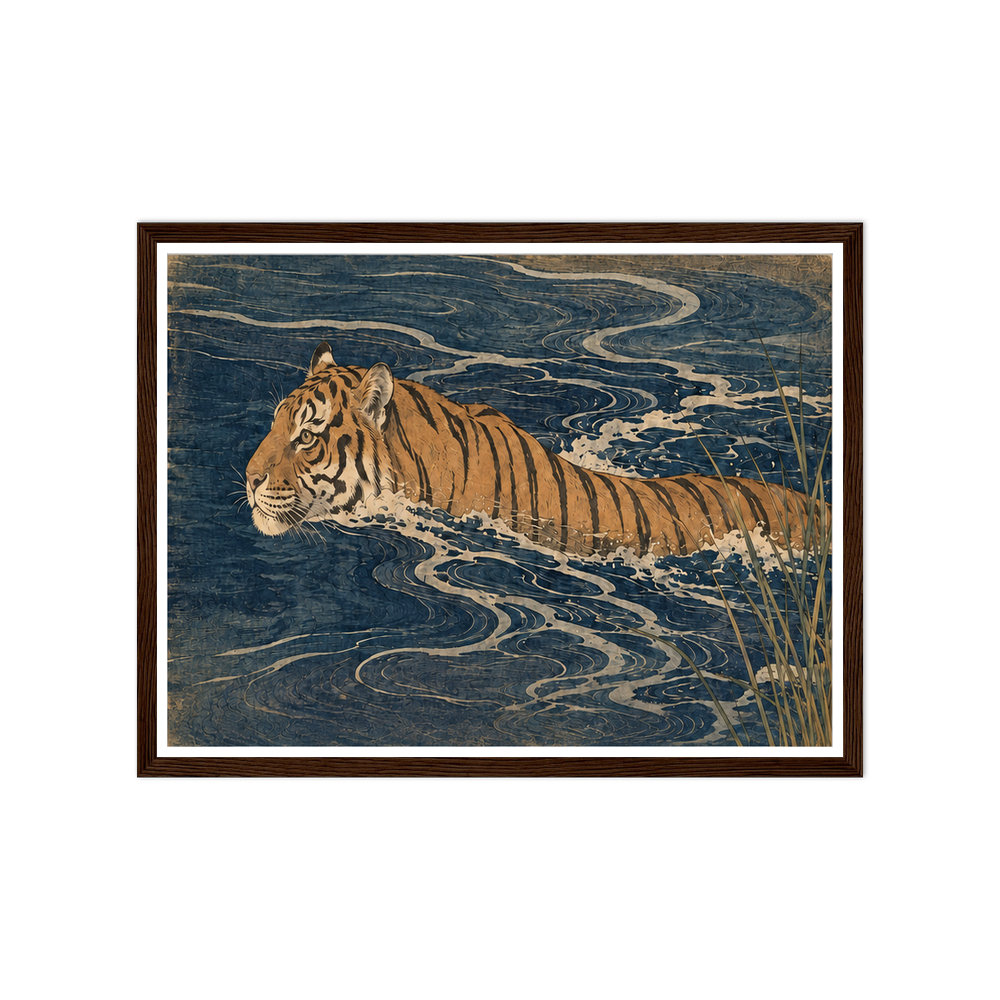 Orange tiger swimming through dark blue water with pale curling ripples in a dark wood frame.