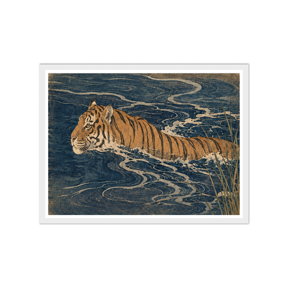 Orange tiger swimming through dark blue water with pale curling ripples in a white frame.