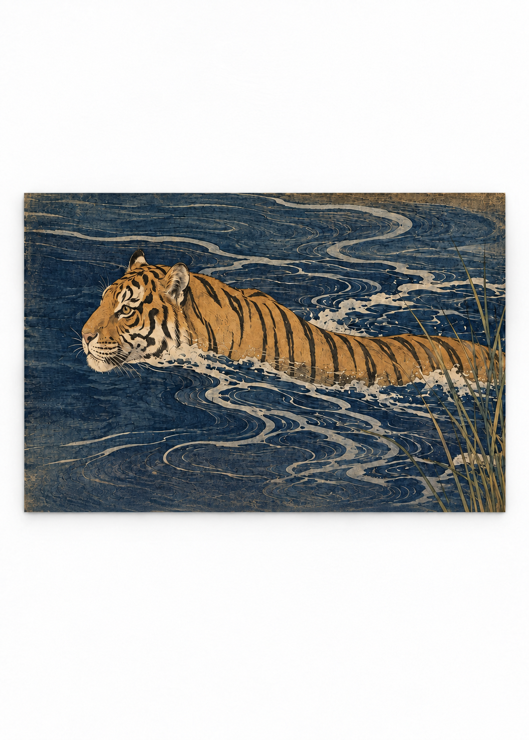 Orange tiger swimming through dark blue water with pale curling ripples as an unframed poster.