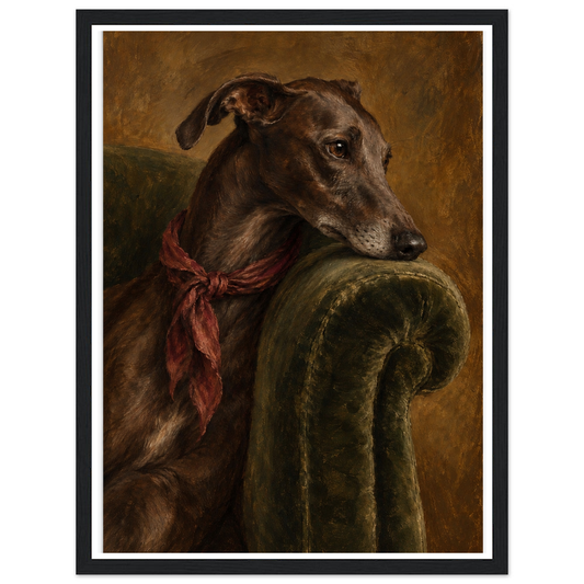 Brindle greyhound with a rust-red scarf resting on a green velvet chair in a black frame.