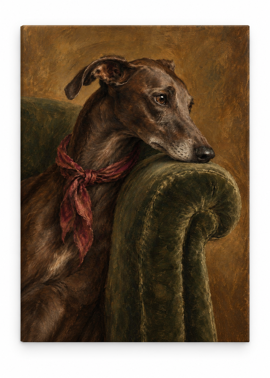 Brindle greyhound with a rust-red scarf resting on a green velvet chair on canvas, shown from an angle.