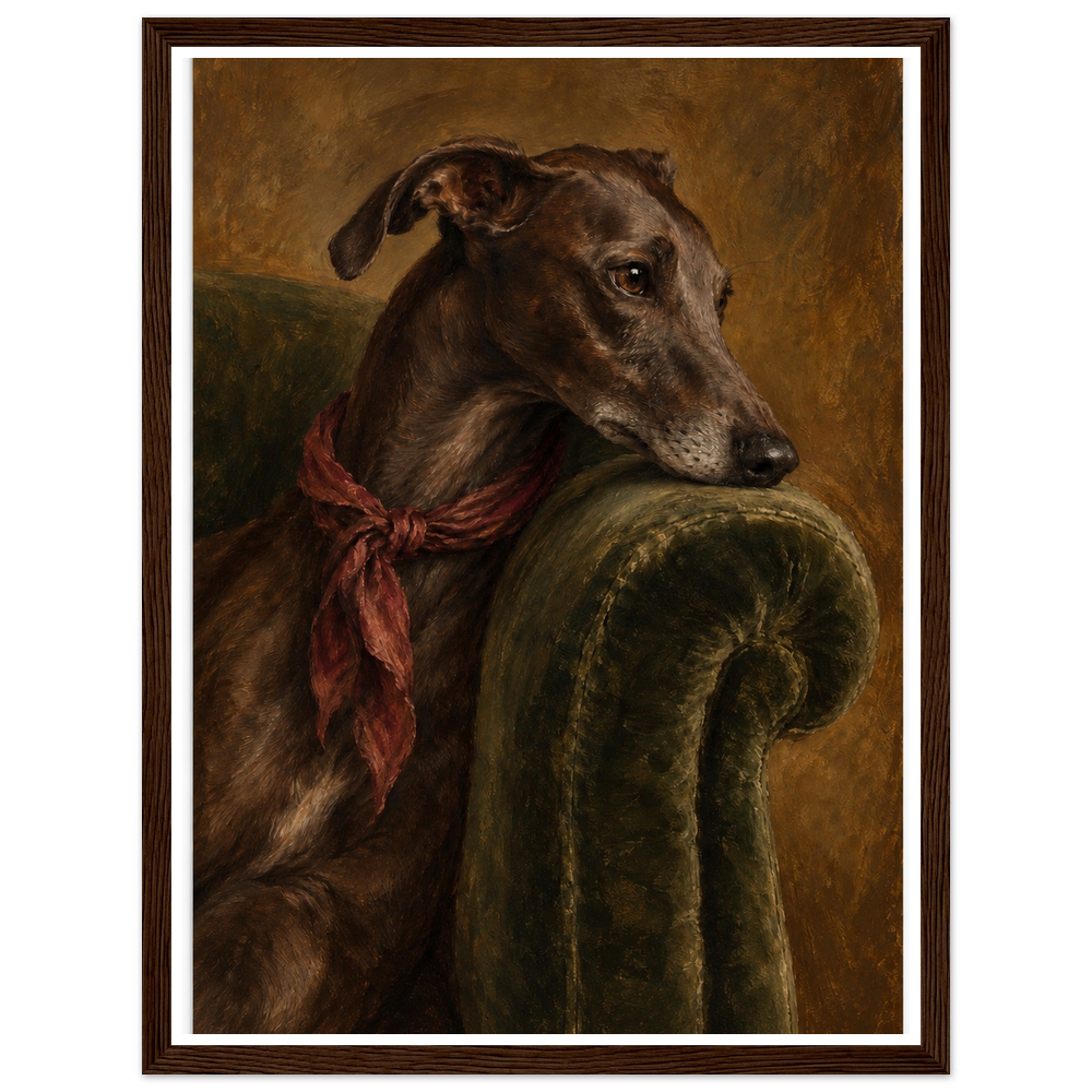 Brindle greyhound with a rust-red scarf resting on a green velvet chair in a dark wood frame.