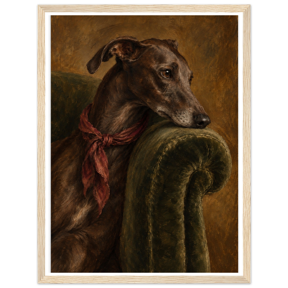 Brindle greyhound with a rust-red scarf resting on a green velvet chair in a natural wood frame.