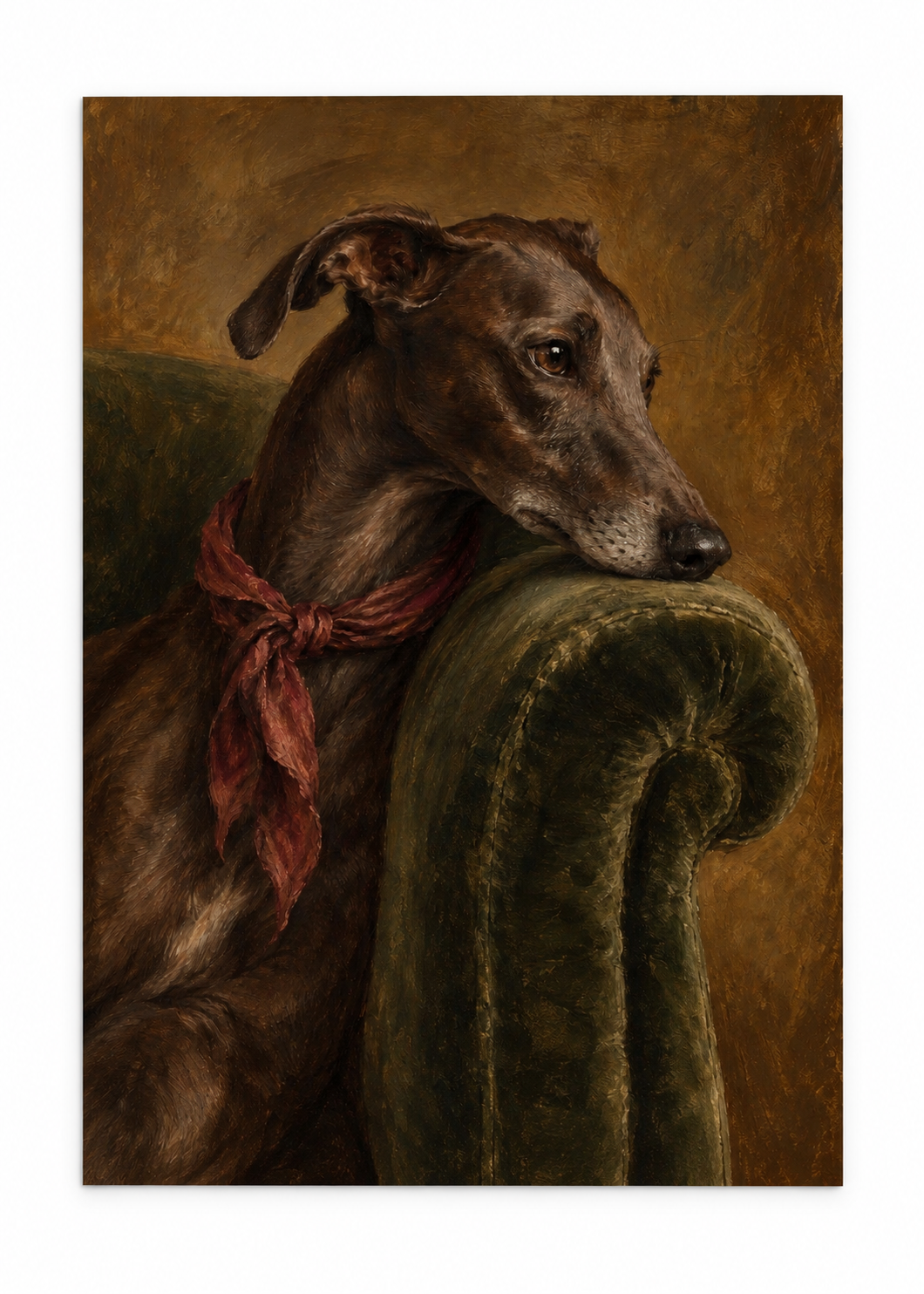 Brindle greyhound with a rust-red scarf resting on a green velvet chair as an unframed poster.