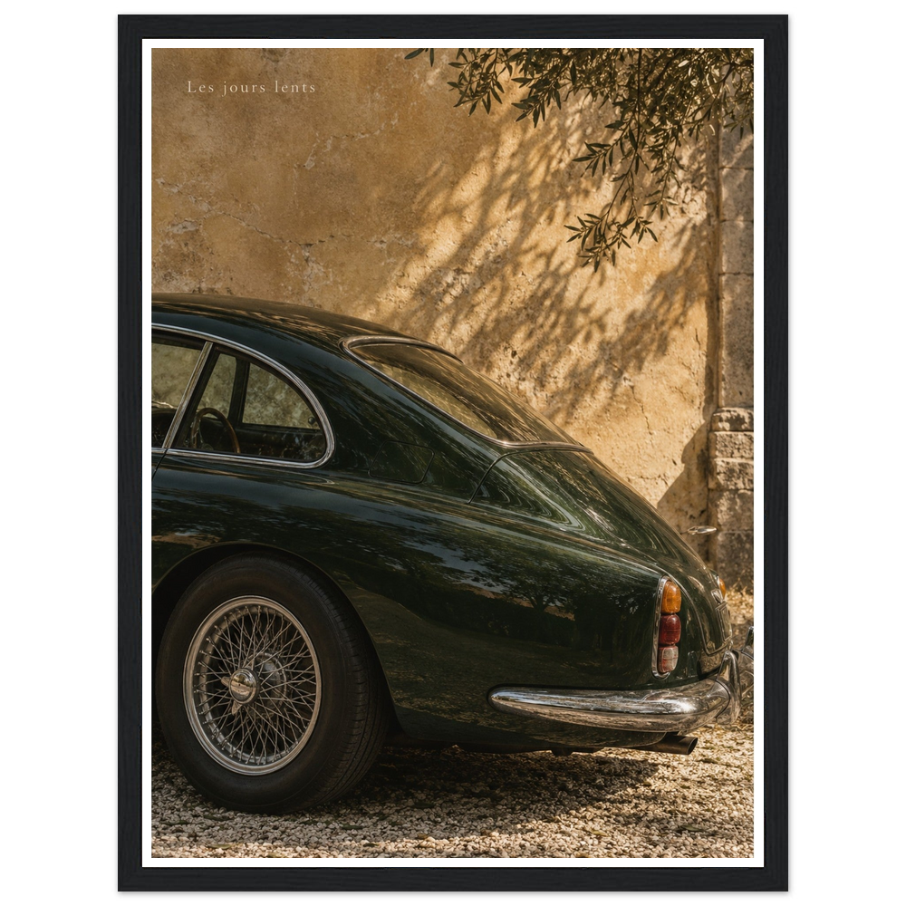 Deep green classic car beside a sunlit ochre wall with leafy shadows in a black frame.