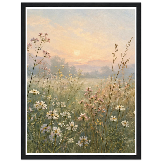 Daisies and pink wildflowers in a green meadow beneath a peach sunrise in a black frame.